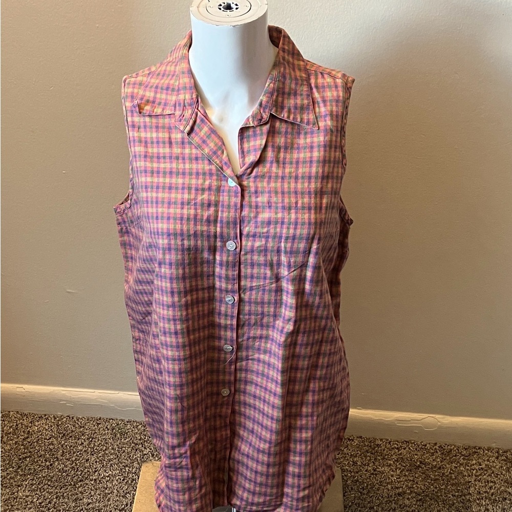 GAP Vintage Pink and Purple Plaid Sleeveless Button-Down Linen Shirt Sz M